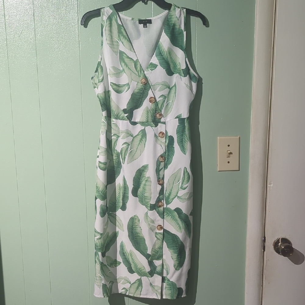 Green Leaf Print Sleeveless Dress